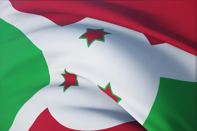 Wehende Flaggen der Welt - Flagge von Burundi. Detailansicht, 3D-Darstellung.