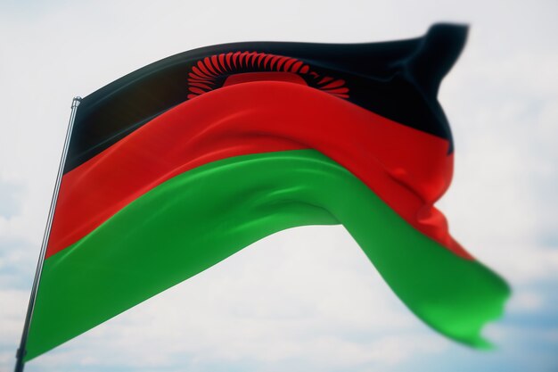 Wehende Flaggen der Welt - Flagge von Malawi. Aufnahme mit geringer Schärfentiefe, selektiver Fokus. 3D-Darstellung.