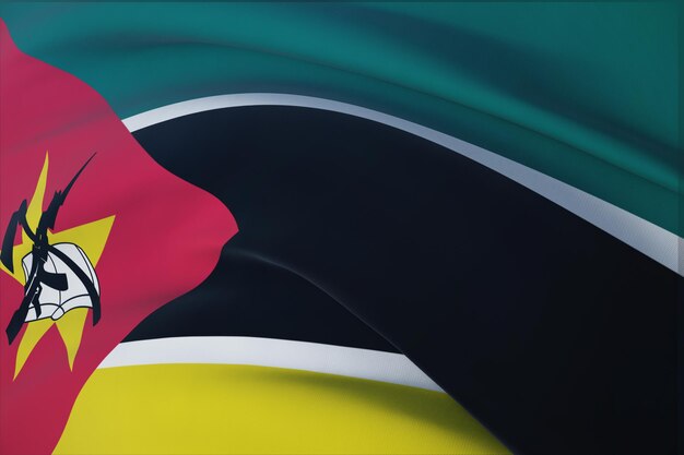 Wehende Flaggen der Welt - Flagge von Mosambik. Detailansicht, 3D-Darstellung.