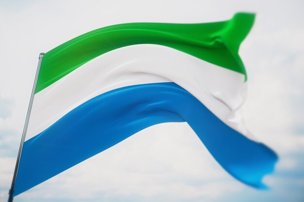 Wehende Flaggen der Welt - Flagge von Sierra Leone. Aufnahme mit geringer Schärfentiefe, selektiver Fokus. 3D-Darstellung.