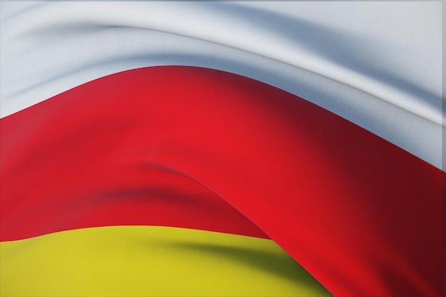 Wehende Flaggen der Welt - Flagge von Südossetien. Detailansicht, 3D-Darstellung.