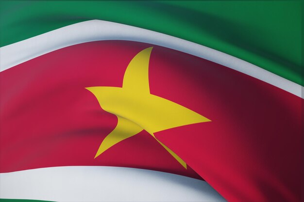 Wehende Flaggen der Welt - Flagge von Surinam. Detailansicht, 3D-Darstellung.