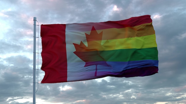 Wehende Nationalflagge von Kanada und LGBT-Regenbogenflaggenhintergrund