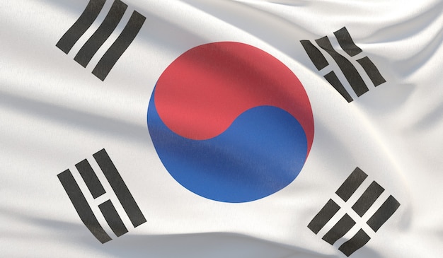 Wehende Nationalflagge von Südkorea. Winkte hochdetaillierte Nahaufnahmen 3D-Rendering.