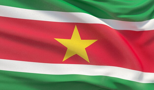 Wehende Nationalflagge von Surinam. Winkte hochdetaillierte Nahaufnahmen 3D-Rendering.