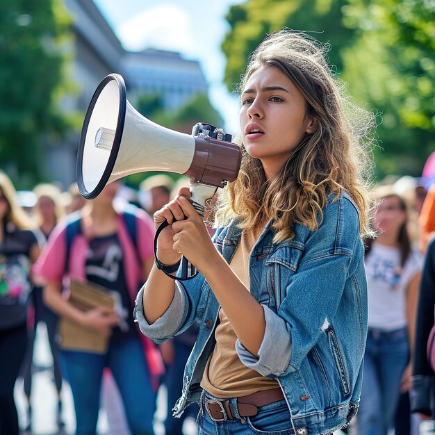 weibliche Aktivistin protestiert mit Megafon