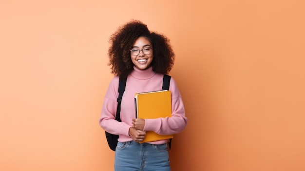 Weibliche amerikanische Studentin mit einem Rucksack auf gelben Hintergrund