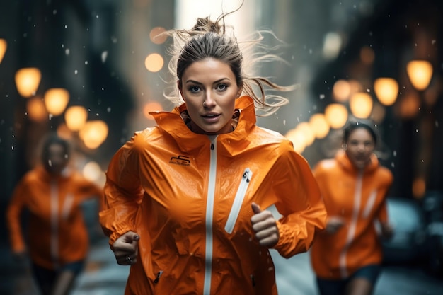 Foto weibliche athleten machen einen schnellen jogging im regen
