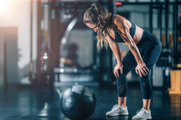 Weibliche Athletin trainiert mit einem Wandball