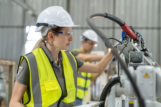 Weibliche Automatisierungsingenieurin überprüft und inspiziert neue Schweißroboterarmmaschine in der Fabrik