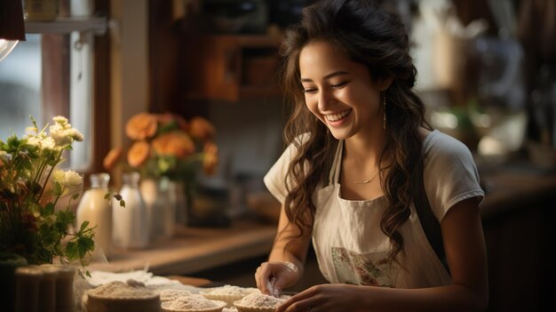 Weibliche Bäckerin in Schürze und Bäckerei-Outfit macht Gebäck mit Lächeln und Liebe zum Backen in der Küche