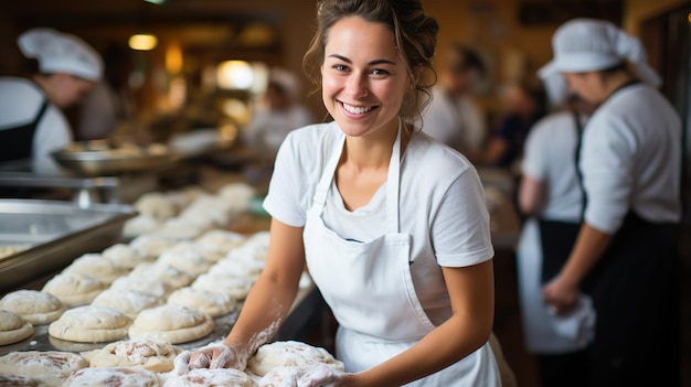 Weibliche Bäckerin in Schürze und Bäckerei-Outfit macht Gebäck mit Lächeln und Liebe zum Backen in der Küche