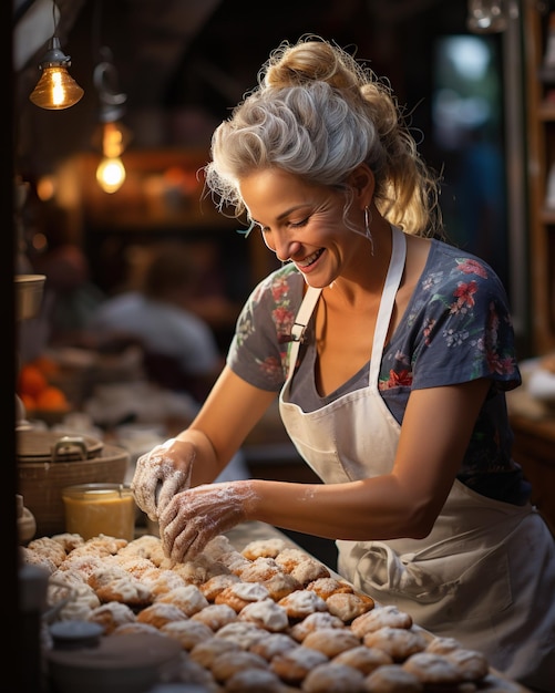 Weibliche Bäckerin in Schürze und Bäckerei-Outfit macht Gebäck mit Lächeln und Liebe zum Backen in der Küche