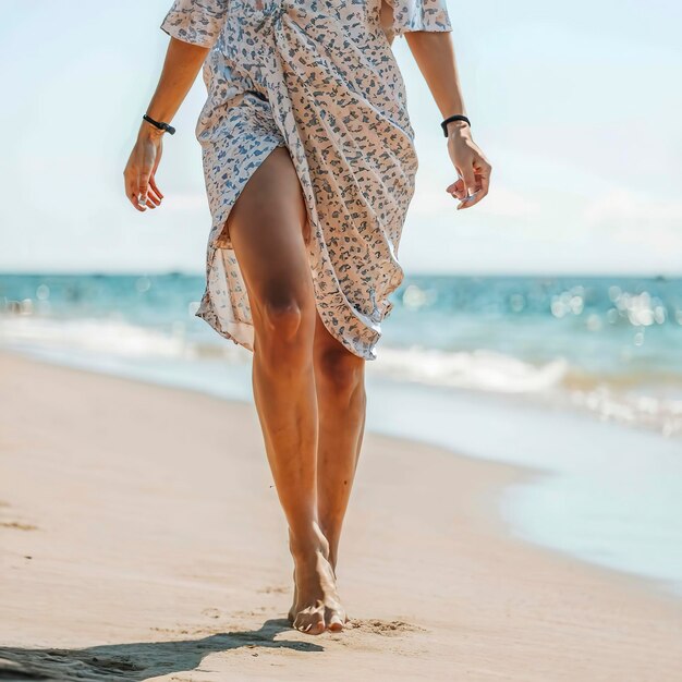 Weibliche Beine auf dem Strand in Nahaufnahme