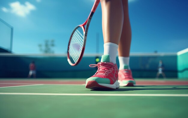 Weibliche Beine in rosa Turnschuhe auf dem Tennisplatz mit Schläger Tennisspieler auf dem Platz