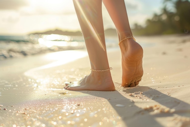 Weibliche Beine mit einem metallischen goldenen Knöchelband schimmern im Sonnenlicht an einem Sandstrand Generative KI