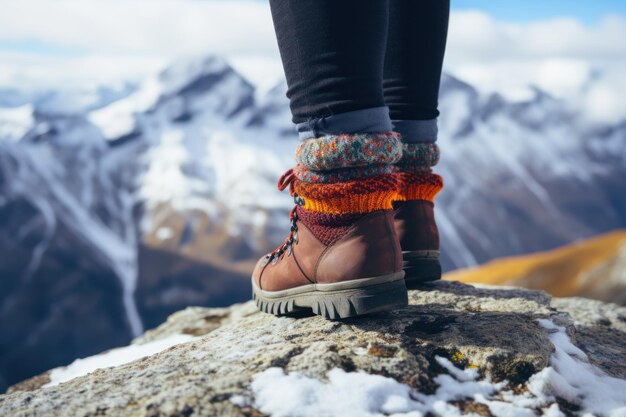 Foto weibliche bergsteigerfüße in lederstiefeln und wollsocken auf dem berg