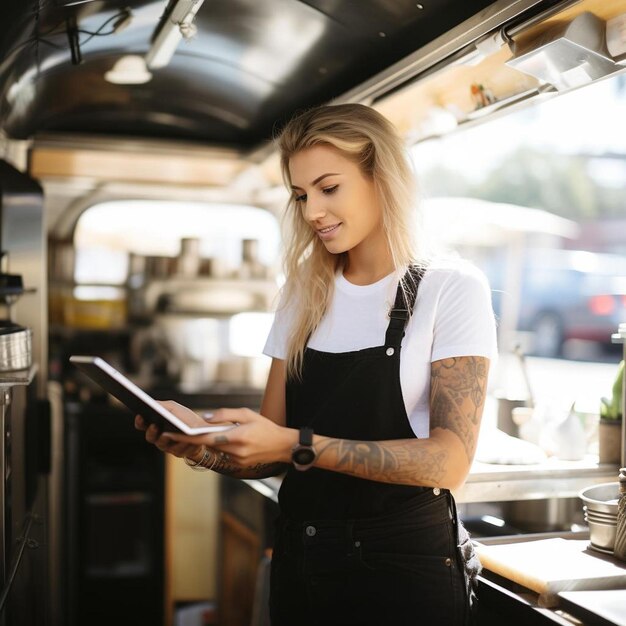 Foto weibliche besitzerin arbeitet an einem digitalen tablet in einem food truck