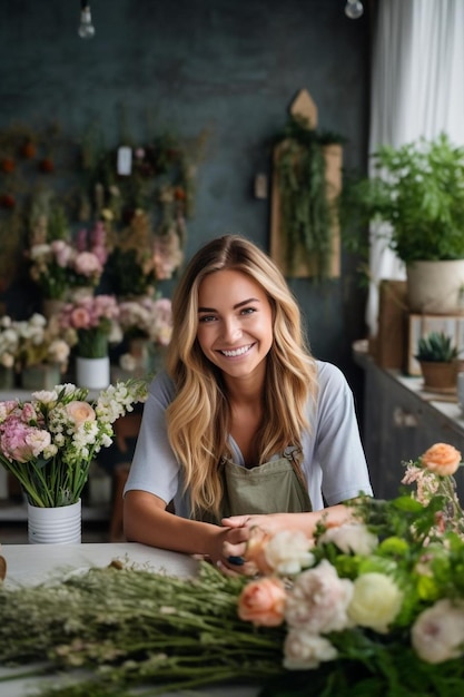 Weibliche Besitzerin mit digitalem Tablet steht hinter dem Verkaufstisch eines Blumengeschäfts