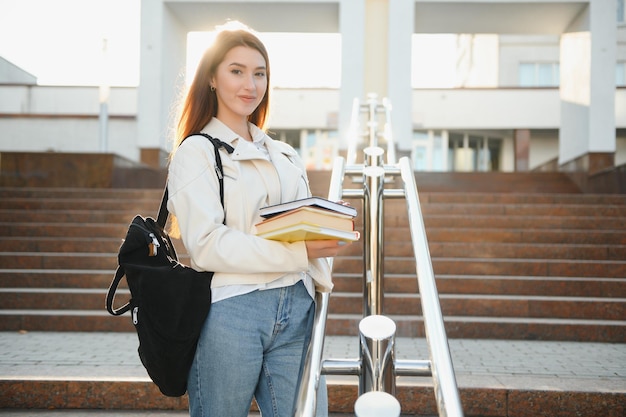 Weibliche College-Student mit Büchern im Freien Lächelndes Schulmädchen mit Büchern, die auf dem Campus stehen Ich bin für die Prüfung sehr gut vorbereitet Porträt des perfekten Studenten an der Universität