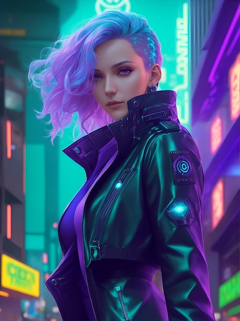 Foto weibliche cyberpunk mit biolumineszierenden haaren