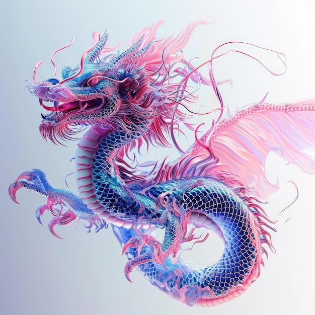 Weibliche Drache im chinesischen Stil, die den ganzen Körper zeigt, lange Augenbissen, hübsches Gesicht, weißer Hintergrund, Neon, leuchtende Farben, Rosa und Blau v 6 Job ID 632646e0d6214597a9c35ed3e70c1e89