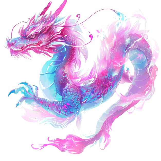 Weibliche Drache im chinesischen Stil, die den ganzen Körper zeigt, lange Augenbissen, hübsches Gesicht, weißer Hintergrund, Neon, leuchtende Farben, Rosa und Blau v 6 Job ID 7ad1683d4e634a50bb9846cde326a249