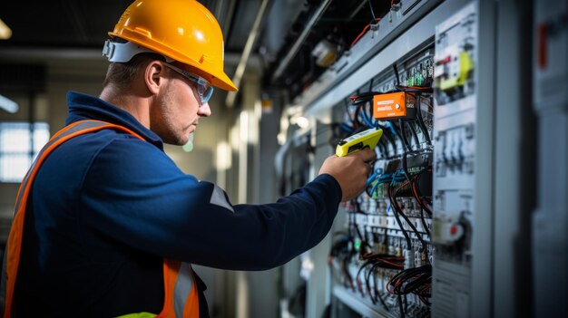 Weibliche Elektrotechnikerin bei der Arbeit an einer Sicherungskiste, geschmückt mit Sicherheitsausrüstung