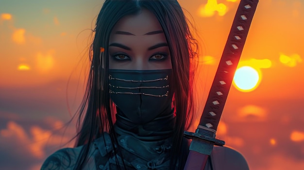 Foto weibliche epische ninja-figur nachmittag hintergrund ki-generiertes bild