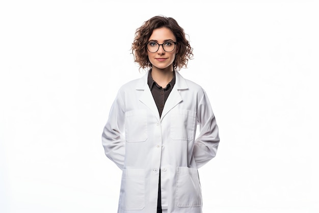 Weibliche Feldarbeiterin in Scientist39s Laborkleidung auf Weiß
