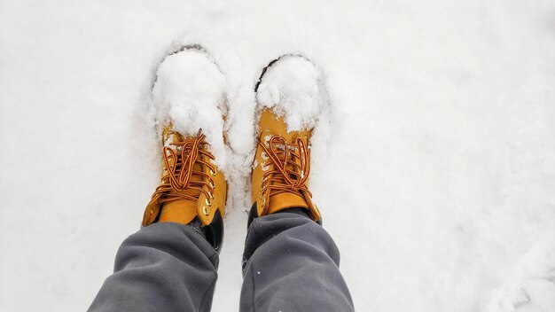 weibliche Frauenbeine in Tracking-Schuhen Stiefel Turnschuhe auf weißem eisigem Schnee Oberflächenhintergrund