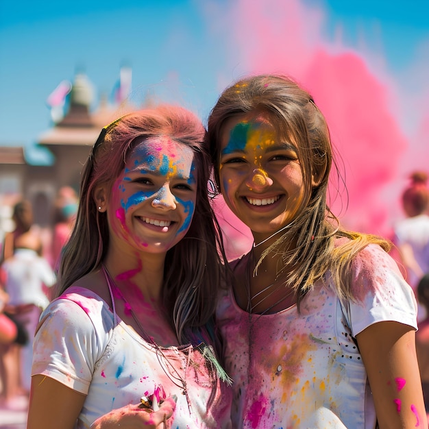 Weibliche Freunde, die sich zusammen bei einem heiligen Fest mit Holi-Hintergrund amüsieren