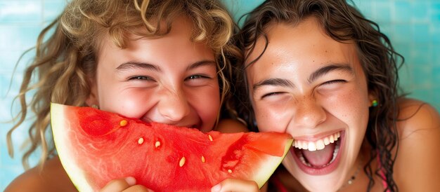 Weibliche Freundinnen essen eine Wassermelonenscheibe, Close-up-Porträt von zwei jungen Mädchen, die eine Wassermelone genießen