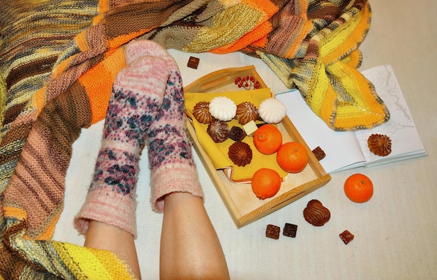 Weibliche Füße in Wollsocken, eine Decke, Süßigkeiten und ein Buch. Gemütlicher Winterabend zu Hause.