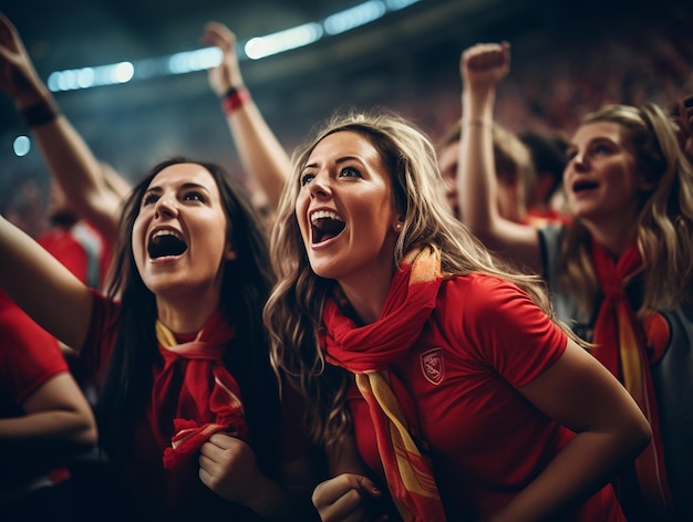 Weibliche Fußballfans, die das Stadion füllen und für den Sieg jubeln