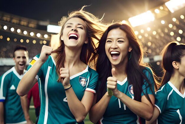Weibliche Fußballfans im Stadion feiern den Sieg und genießen nach einer Fußballmeisterschaft