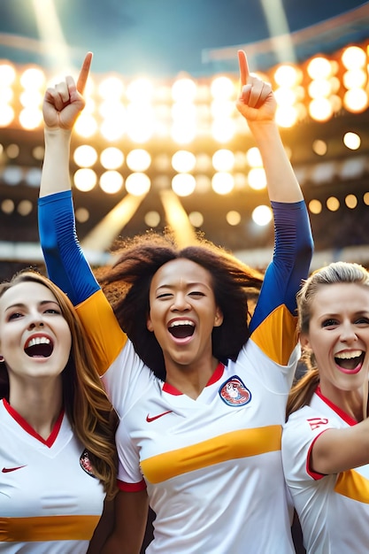 Weibliche Fußballfans im Stadion feiern den Sieg und genießen nach einer Fußballmeisterschaft