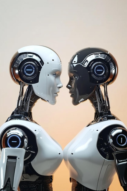 Weibliche futuristische Roboter stehen einander gegenüber