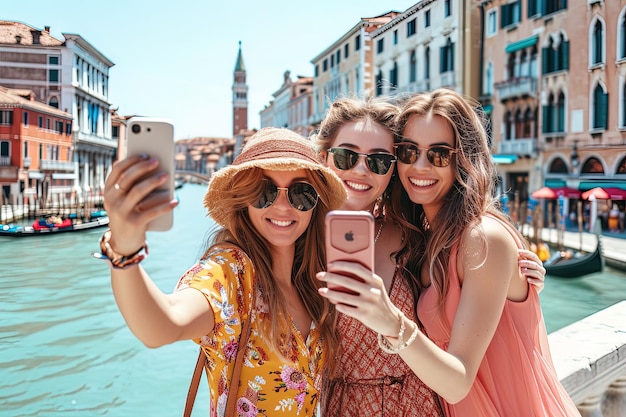 Weibliche Gruppe von Freunden, die in einem stilvollen Overall in Venedig reisen und ein Selfie mit ihrem Handy machen