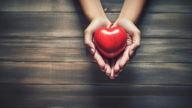 Foto weibliche hände, die rotes herz auf hölzernem hintergrund halten gesundheitswesen und medizinisches konzeptgenerative ai