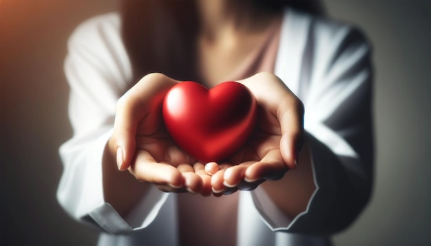 Weibliche Hände geben ein rotes Herz, das einen Herzspender für den Valentinstag darstellt
