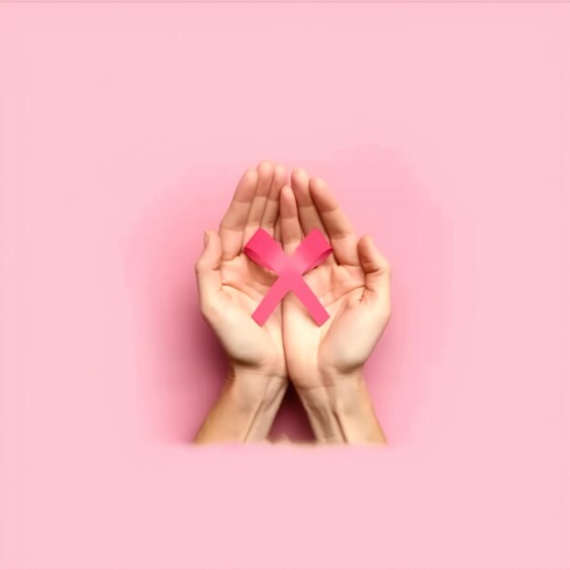 Weibliche Hände halten ein rosa Band auf einem rosa Hintergrund, um das Bewusstsein für Brustkrebs zu schärfen.