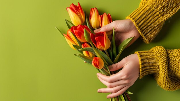 Weibliche Hände halten einen Tulpenstrauß für den Internationalen Frauentag am 8. März in Nahaufnahme