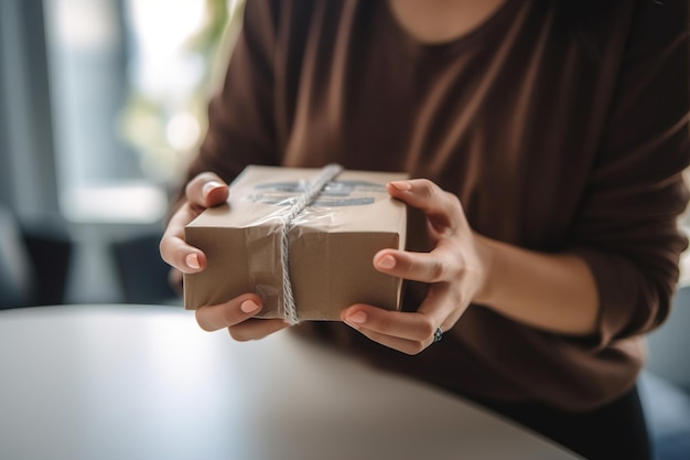 Weibliche Hände halten Paketbox oder Geschenkbox-Paket in Kraftpapier generativer ai