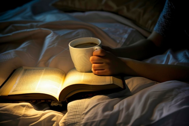 Weibliche Hände mit Buch und Kaffee Weibliche Lesebuch im Bett nachts