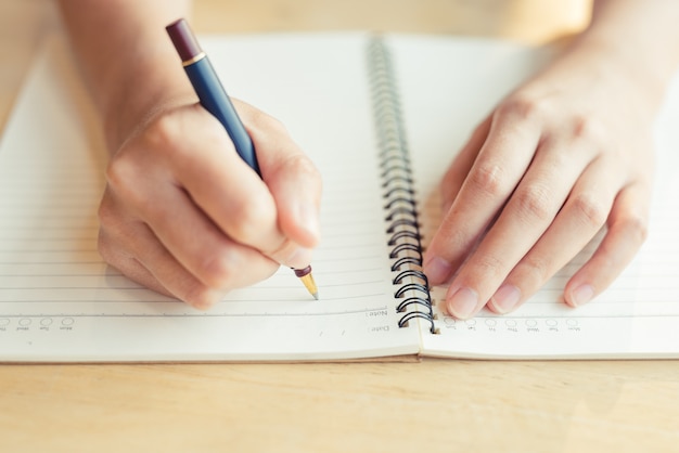 Weibliche Hände mit Stift schreiben auf Notebook - Image