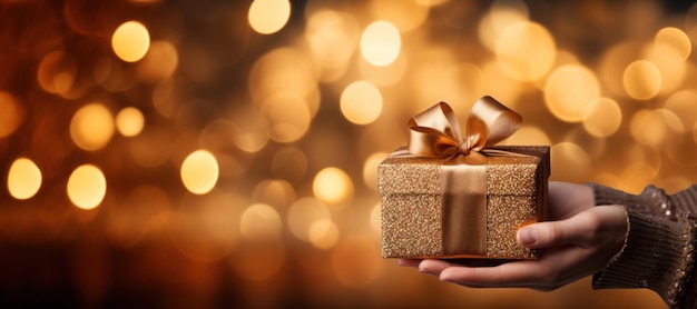 Weibliche Hände mit Weihnachtsgeschenkbox mit Bokeh-Banner