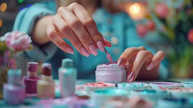 Weibliche Hände mit wunderschönen Maniküre- und Nagellackern auf dem Tisch im Schönheitssalon