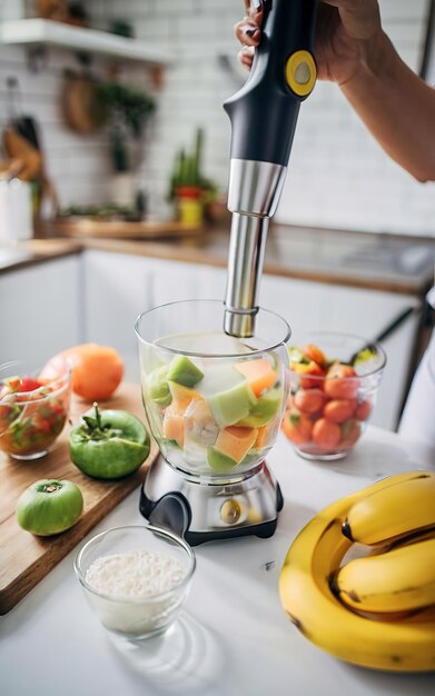 Foto weibliche hände verwenden einen handmixer, um frische früchte in der küche zu mischen