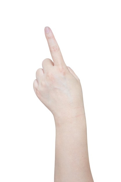 weibliche Hand berührt oder zeigt auf etwas Isoliertes auf weißem Hintergrund